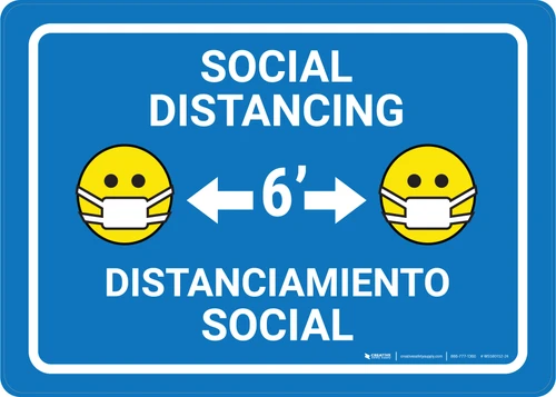 Social Distancing with Facemask Emoji Bilingual Spanish Blue - Wall Sign