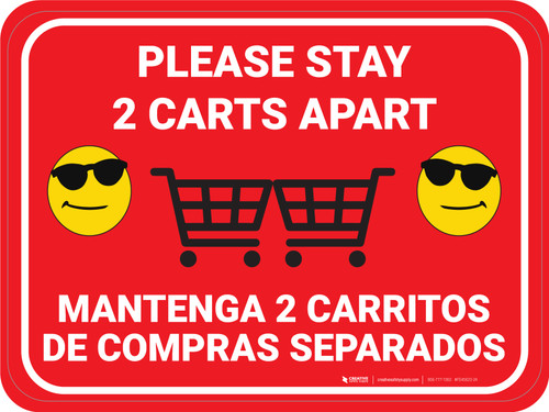 Please Stay 2 Carts Apart Bilingual Spanish with Sunglasses Emojis Red - Floor Sign