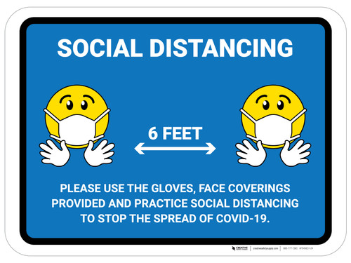 Social Distancing Please Use Face Coverings Gloves with Emojis Blue - Floor Signs