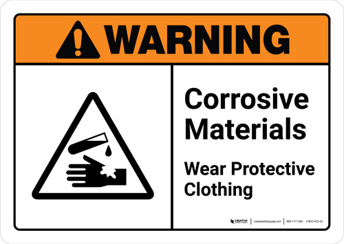 Warning: Corrosive Materials Wear Protective Clothing with Icon ANSI Landscape - Wall Sign