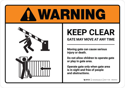 Warning: Keep Clear Gate May Move At Any Time with Icons ANSI Landscape - Wall Sign