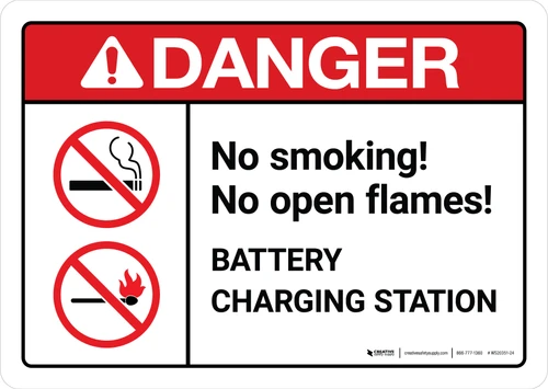Danger: Battery Station No Smoking No Open Flames with Icons ANSI Landscape - Wall Sign