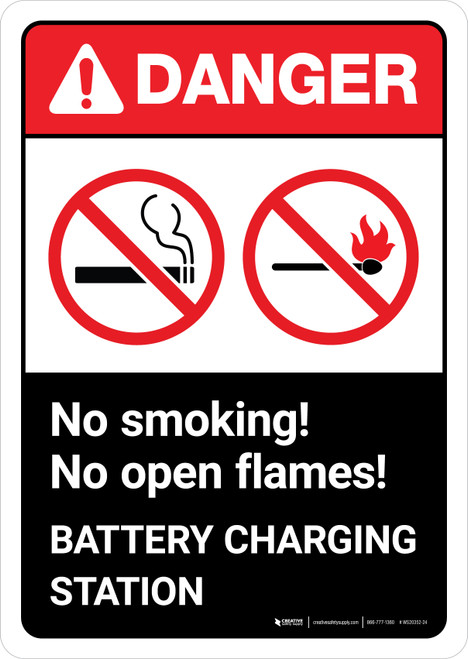 Danger: Battery Station No Smoking No Open Flames with Icons ANSI Portrait - Wall Sign