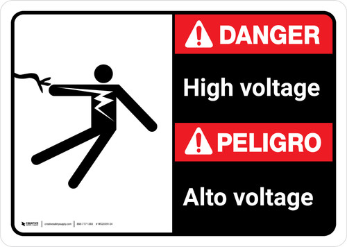 Danger: High Voltage Bilingual Spanish with Icon ANSI Landscape - Wall Sign