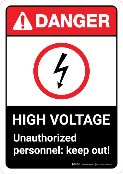 Danger: High Voltage Unauthorized Personnel Keep Out with Icon ANSI Portrait - Wall Sign