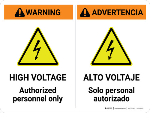 Warning: High Voltage Authorized Personnel Only Bilingual Spanish Landscape - Wall Sign
