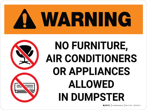 Warning: No Furniture Air Conditioners Or Appliances Allowed In Dumpster with Icons Landscape - Wall Sign