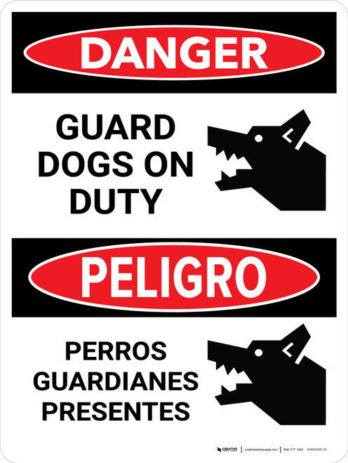 Danger: Guard Dogs On Duty Bilingual Spanish Portrait - Wall Sign