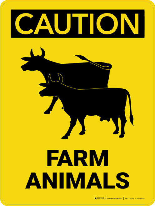 Caution: Farm Animals with Cow Icon Portrait - Wall Sign