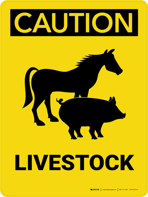 Caution: Livestock with Horse and Pig Icons Portrait - Wall Sign