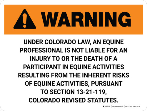 Warning: Colorado Equine Activity Sponsor Not Liable Landscape - Wall Sign