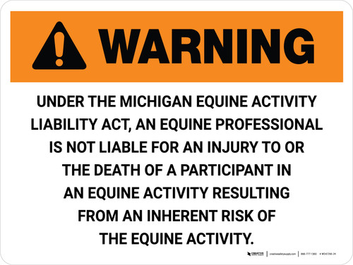 Warning: Michigan Equine Activity Sponsor Not Liable Landscape - Wall Sign