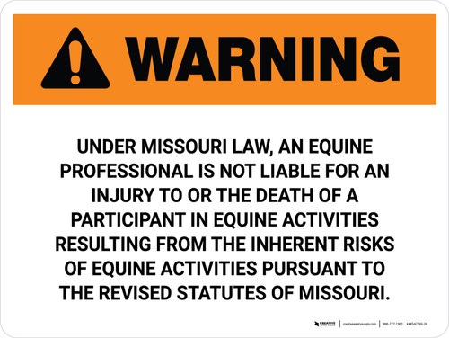 Warning: Missouri Equine Activity Sponsor Not Liable Landscape - Wall Sign