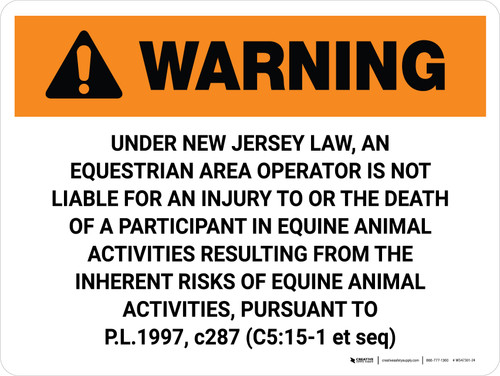 Warning: New Jersey Equestrian Area Operator Is Not Liable Landscape - Wall Sign