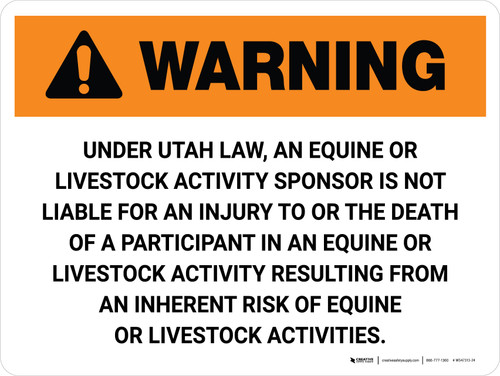 Warning: Utah Equine Activity Sponsor Not Liable Landscape - Wall Sign