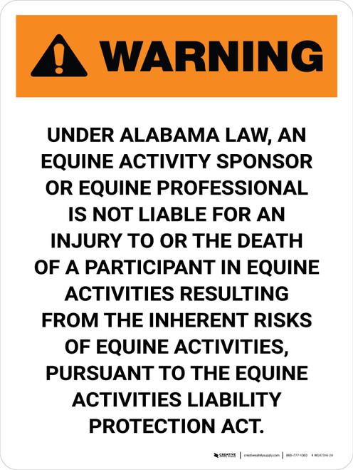 Warning: Alabama Equine Activity Sponsor Not Liable Portrait - Wall Sign