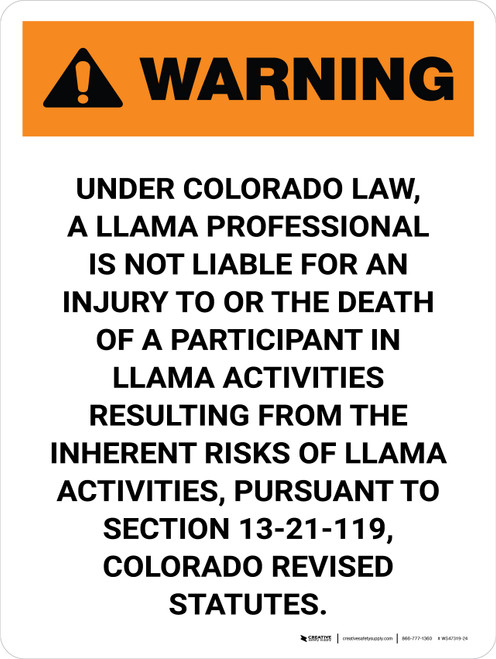 Warning: Colorado Llama Professional Is Not Liable Portrait - Wall Sign