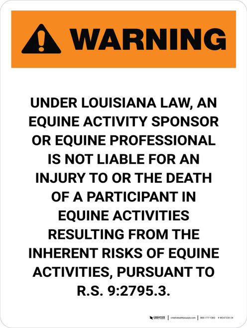 Warning: Louisiana Equine Activity Sponsor Not Liable Portrait - Wall Sign