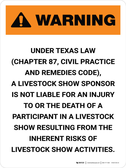 Warning: Texas Livestock Show Sponsor Is Not Liable Portrait - Wall Sign