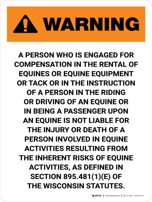 Warning: Wisconsin The Rental Of Equines Or Equine Equipment Portrait - Wall Sign