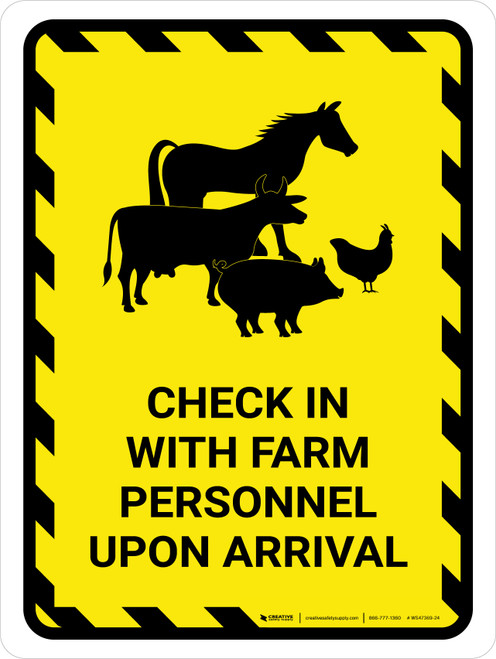 Check In With Farm Personnel Upon Arrival with Animal Icons Hazard Portrait - Wall Sign