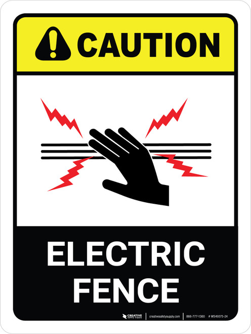 Caution: Electric Fence with Icon ANSI Portrait - Wall Sign