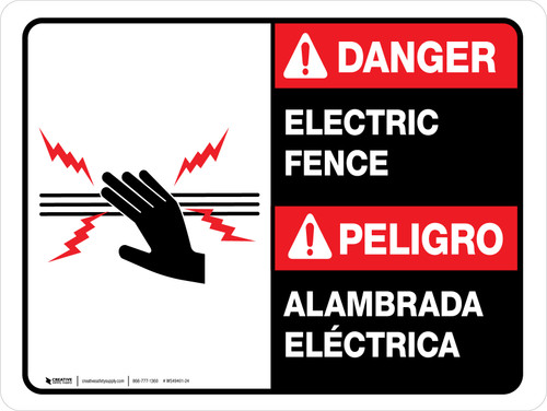 Danger: Electric Fence Bilingual Spanish Landscape - Wall Sign