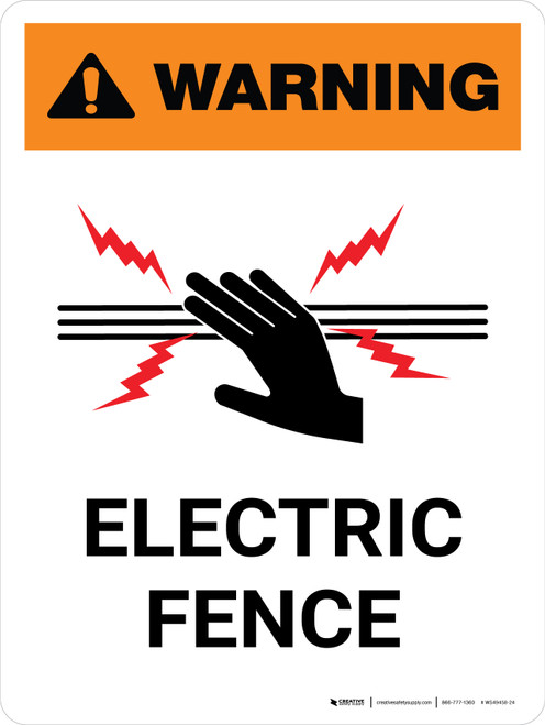 Warning: Electric Fence with Stop Icon White Portrait - Wall Sign
