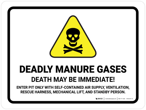 Deadly Manure Gases - Death May Be Immediate with Hazard Icon Landscape - Wall Sign