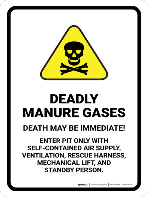 Deadly Manure Gases - Death May Be Immediate with Hazard Icon Portrait - Wall Sign