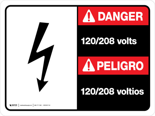 Danger: 120-208 Volts Bilingual Spanish Landscape with Icon - Wall Sign