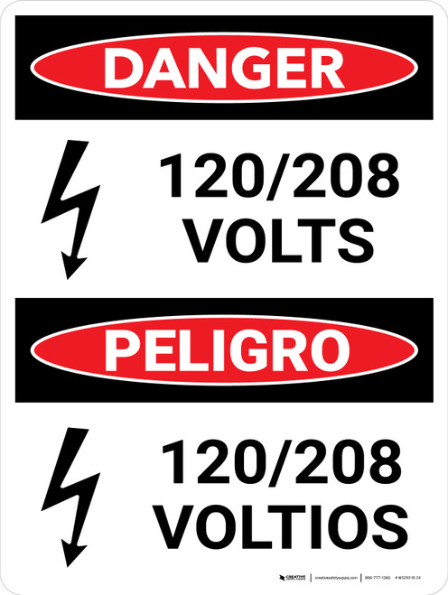 Danger: 120-208 Volts Bilingual Spanish Portrait with Icon - Wall Sign
