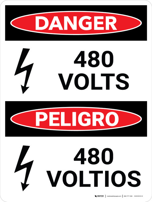 Danger: 480 Volts Bilingual Spanish Portrait with Icon - Wall Sign