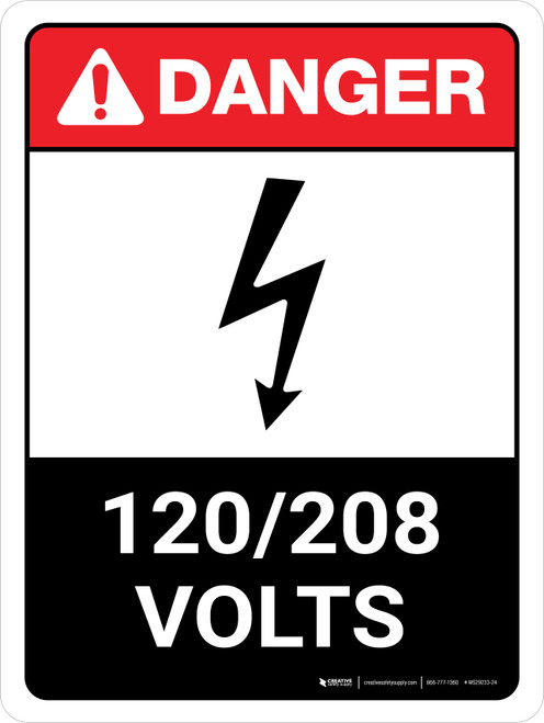 Danger: ANSI 120-208 Volts Portrait with Icon - Wall Sign