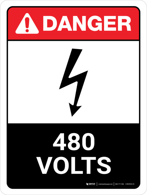 Danger: ANSI 480 Volts Portrait with Icon - Wall Sign