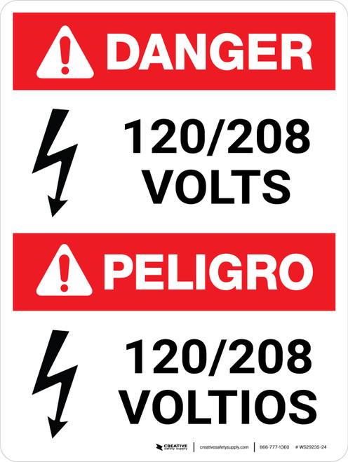 Danger: ANSI 120-208 Volts Portrait Bilingual Spanish with Icon - Wall Sign