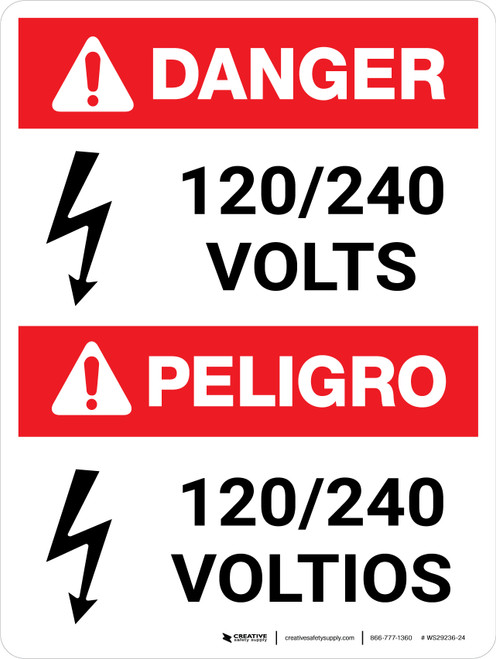 Danger: ANSI 120-240 Volts Portrait Bilingual Spanish with Icon - Wall Sign