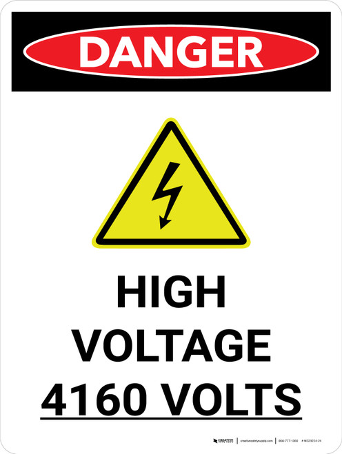 Danger: High Voltage 4160 Volts Portrait with Icon - Wall Sign