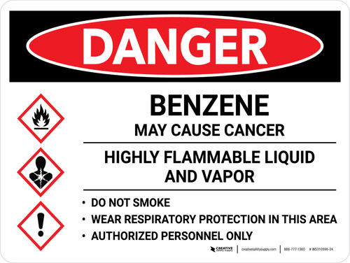 Danger: Benzene May Cause Cancer Highly Flammable Liquid Landscape with Icon - Wall Sign