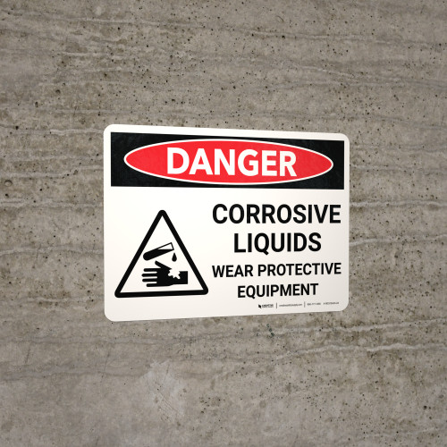 Danger Corrosive Liquids Wear Protective Equipment Landscape with Icon