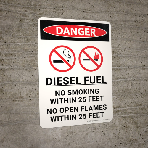 Danger Diesel Fuel No Smoking Within 25 Feet No Open Flames Portrait with Icon Wall Sign