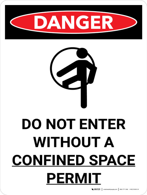 Danger: Do Not Enter Without Confined Space Permit Portrait with Icon - Wall Sign