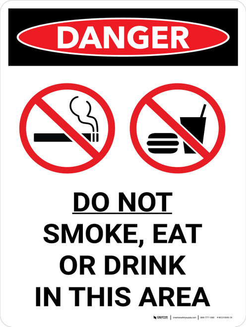 Danger: Do Not Smoke Eat ot Drink In This Area Portrait with Icon - Wall Sign