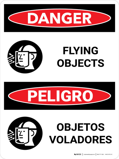 Danger: Flying Objects Bilingual Spanish with Icons - Wall Sign