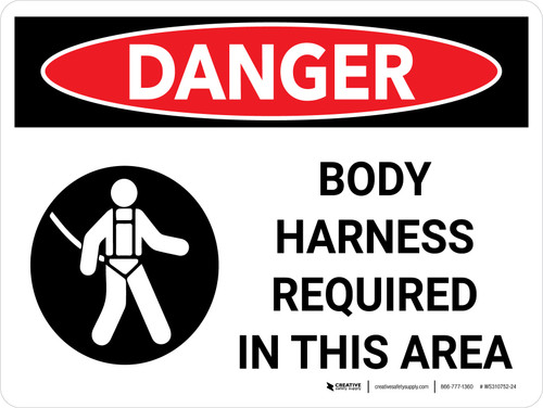 Danger: Hazard Body Harness Required In This Area Landscape with Icons - Wall Sign