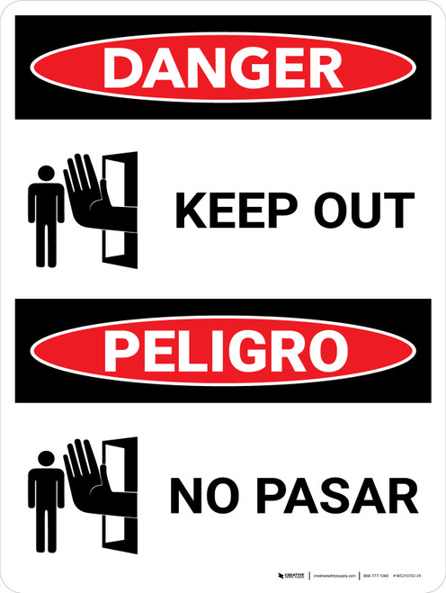 Danger: Keep Out Bilingual Spanish Portrait with Icons - Wall Sign