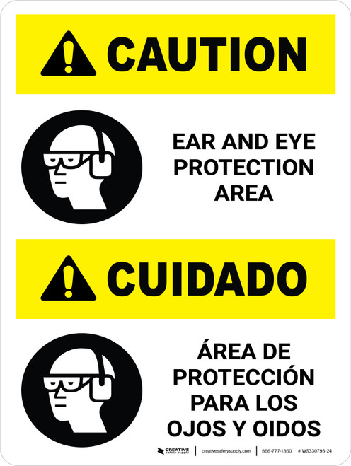 Caution: Ear and Eye Protection Area Portrait Bilingual Spanish with Icon - Wall Sign