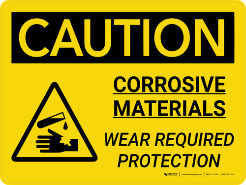 Caution: Corrosive Materials Wear Required Protection Landscape With Icon - Wall Sign
