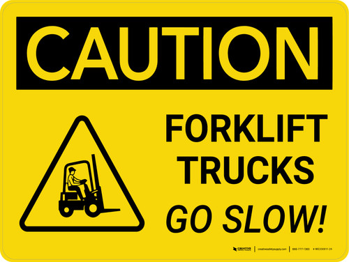 Caution: Forklift Trucks Go Slow Landscape With Icon - Wall Sign