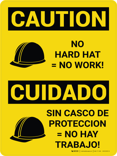 Caution: No Hard Hat No Work Bilingual Spanish With Icons - Wall Sign